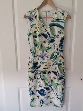 Calvin Klein White Midi Dress with Green and Blue Floral Print